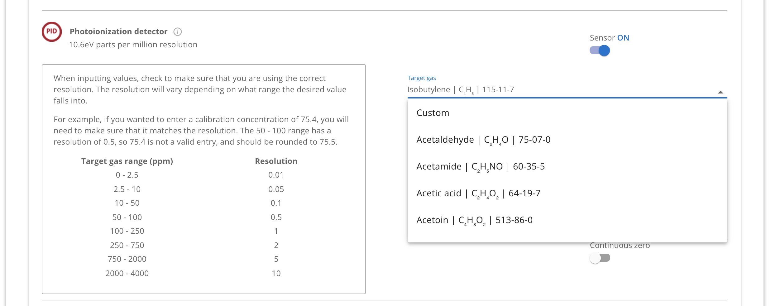 Setting up PID sensors with correction factors